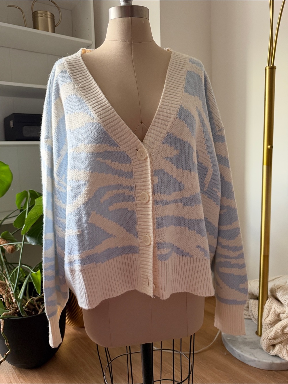 H&M Blue and Cream V-Neck Button Cardigan